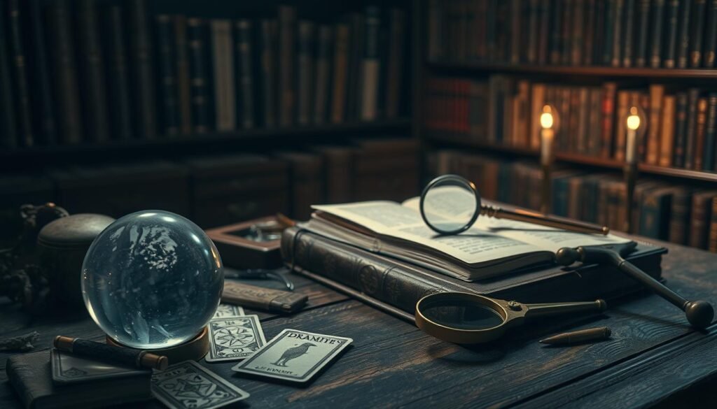 A dimly lit study filled with an assortment of dream interpretation tools and techniques. In the foreground, a crystal ball casts a soft, ethereal glow, surrounded by runes, tarot cards, and a leather-bound dream journal. In the middle ground, a pair of antique brass callipers and a magnifying glass sit atop a weathered wooden table, hinting at the meticulous analysis of dream content. The background is shrouded in shadows, with bookshelves lining the walls, their titles alluding to the esoteric and the mystical.
