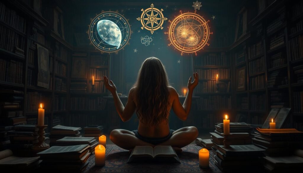 A dimly lit study, filled with ancient tomes and scrolls. In the center, a figure sits cross-legged, deep in meditation, hands raised in a gesture of contemplation. Celestial imagery and biblical symbols float above, casting an ethereal glow. Warm candlelight flickers, casting dramatic shadows that accentuate the figure's long, flowing hair - a nod to Samson's power and Delilah's temptation. The atmosphere is one of introspection and mysticism, as the subject delves into the hidden meanings of biblical dream symbolism.
