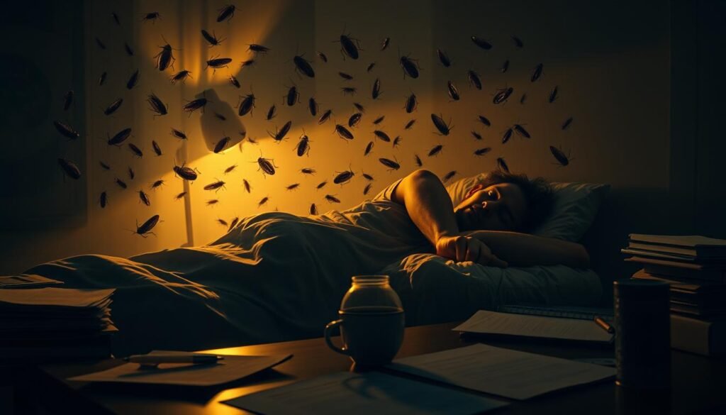 A dimly lit study, illuminated by a warm, golden glow from a desk lamp. In the foreground, a sleeping figure tossing and turning, plagued by a swarm of crawling cockroaches, their ominous shadows cast upon the walls. The middle ground reveals a cluttered desk, papers strewn about, a half-empty cup of coffee, and a pen that has slipped from the sleeper's grasp. The background is shrouded in a hazy, dreamlike quality, suggesting the subconscious realm of the recurring roach dreams. The atmosphere is unsettling, evoking a sense of unease and the need to unravel the deeper meaning behind this nocturnal visitation.