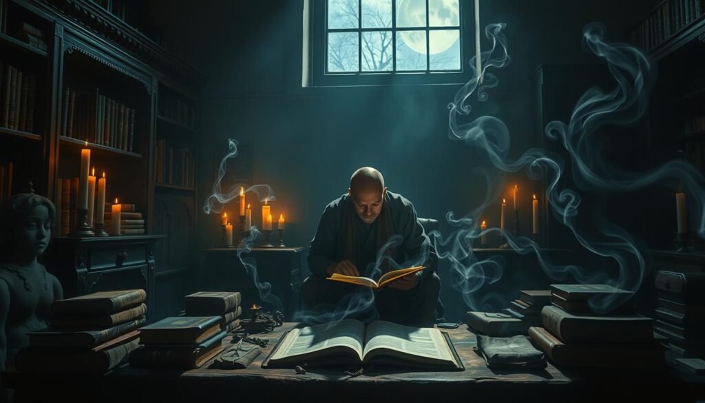 A dimly lit study, illuminated by the soft glow of candles and a single window spilling in moonlight. In the center, a figure kneels in deep contemplation, their face etched with intensity as they pore over ancient tomes and scrolls. Around them, ghostly wisps of energy coalesce, hinting at divine revelation or the presence of unseen forces. Tendrils of mist curl and twist, creating an atmosphere of mystery and spiritual discernment. The lighting is dramatic, casting dramatic chiaroscuro shadows that add depth and weight to the scene. An oil painting aesthetic, with a muted color palette and rich, textured brushstrokes, conveys a sense of timelessness and the weight of scriptural wisdom.