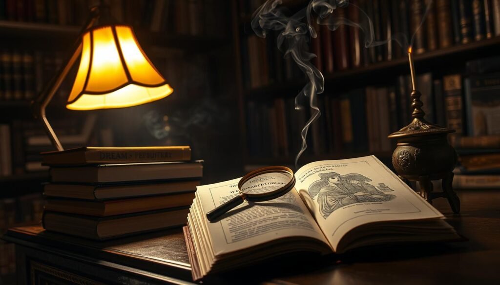 A dimly lit study, illuminated by the warm glow of a desk lamp. On the desk, a stack of books on dream interpretation, open to pages detailing techniques for analyzing parental dreams. A magnifying glass hovers over a detailed illustration, as if scrutinizing its intricacies. Plumes of fragrant smoke curl from an incense burner, creating an atmosphere of contemplation. The walls are lined with shelves of esoteric texts, hinting at the depth of knowledge contained within. The overall mood is one of introspection and a search for deeper understanding of the subconscious.