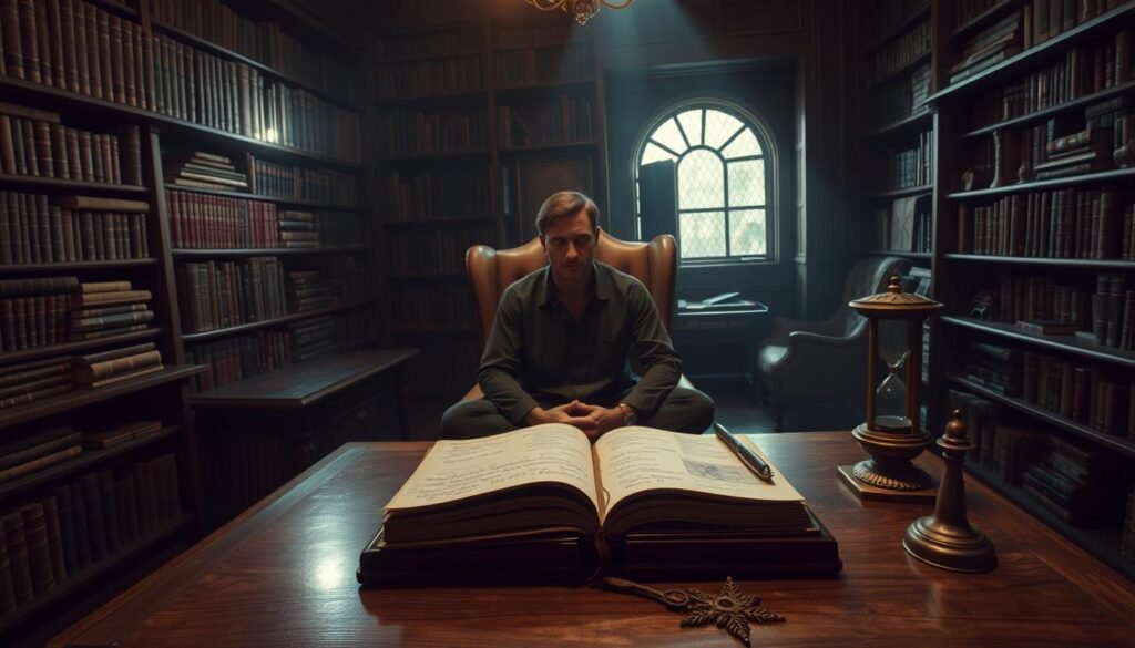 A dimly lit study, shelves of ancient tomes lining the walls, a single beam of moonlight illuminating a worn leather chair. Atop a large oak desk, an open journal with scribbled notes and sketches, a bronze hourglass, and a quill pen resting on a tarnished inkwell. The air is thick with the scent of parchment and incense, a sense of mystery and introspection pervading the scene. In the center, a figure sits cross-legged, eyes closed, their brow furrowed in deep contemplation, seeking to unravel the hidden meanings within their dreams.