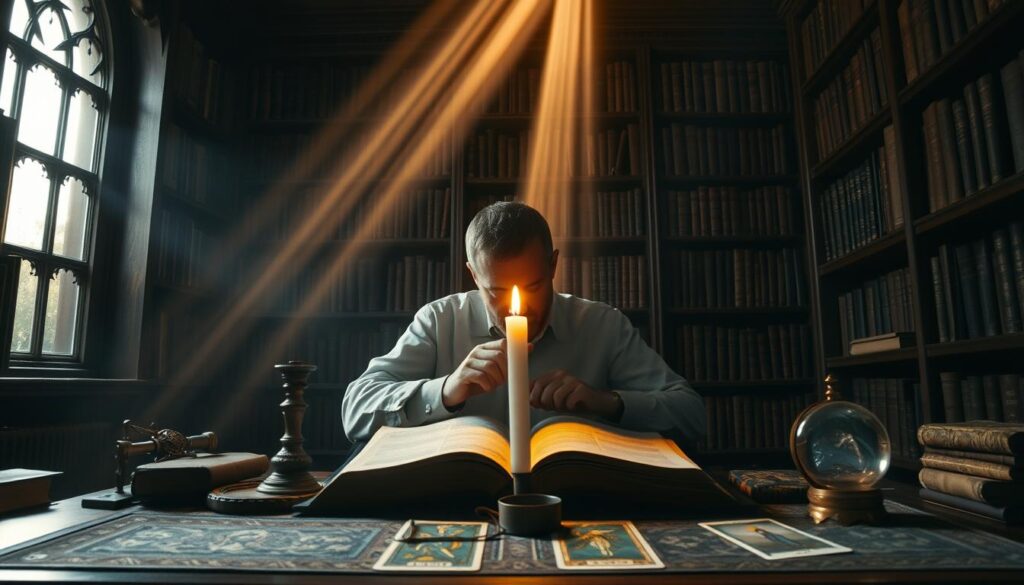 A dimly lit study, shelves of ancient tomes lining the walls. In the center, a figure in deep contemplation, poring over an open Bible, illuminated by the warm glow of a single candle. Beams of ethereal light stream through the window, casting a heavenly aura over the scene. Symbols of faith and divination, such as a crystal ball or tarot cards, rest upon the desk, hinting at the spiritual guidance sought. The overall atmosphere is one of reverence, wisdom, and a quest to unlock the hidden meanings of biblical dreams.