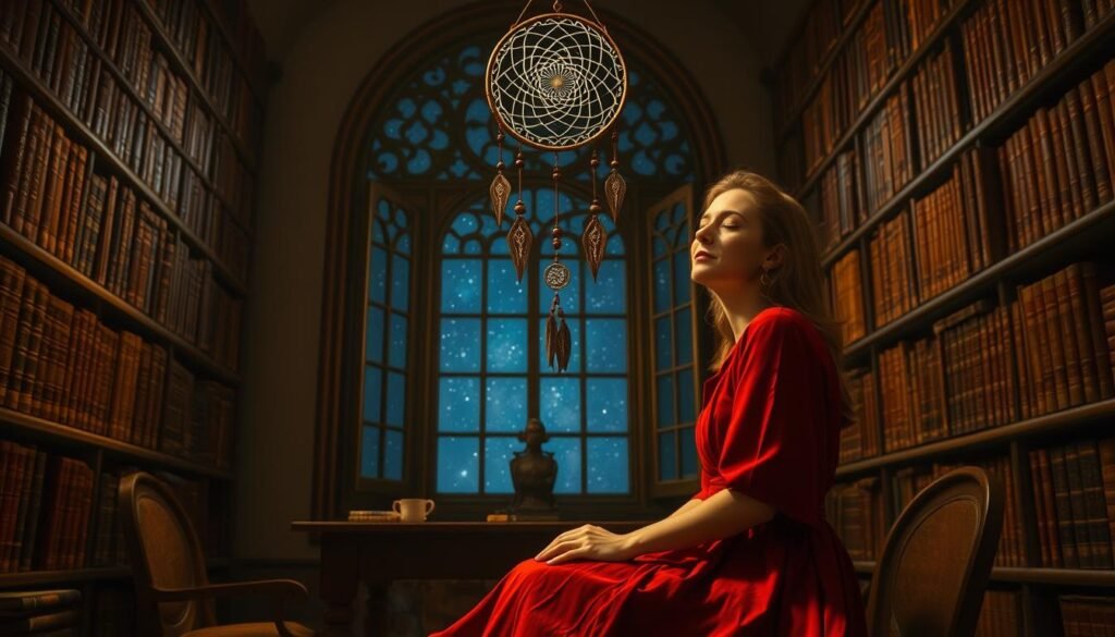 A dimly lit study, the walls lined with old leather-bound books. In the center, a woman in a flowing red dress sits at a wooden desk, a dreamcatcher hanging above her. Intricate patterns and symbols dance across the dreamcatcher, casting a warm, ethereal glow. The woman's eyes are closed, her expression pensive, as she analyzes the contents of her latest dream. The scene is bathed in soft, golden light, creating a sense of mysticism and contemplation. A large, ornate window in the background reveals a night sky filled with stars, hinting at the cosmic nature of dreams and their deeper significance.