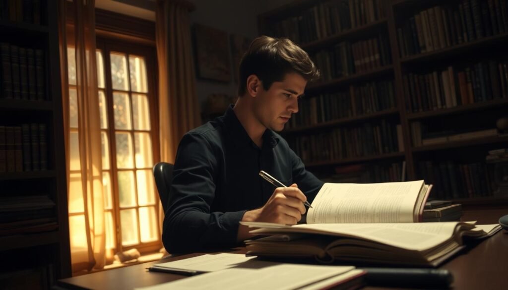 A dimly lit study, where a person sits at a desk, intently poring over various dream interpretation techniques. Bookshelves line the walls, filled with volumes on the subject. Soft, golden light filters through a nearby window, casting a warm glow over the scene. The person's face is in profile, their expression one of deep contemplation as they take notes in a leather-bound journal. The atmosphere is one of quiet focus and thoughtful introspection, as the individual seeks to unravel the mysteries of their own subconscious.