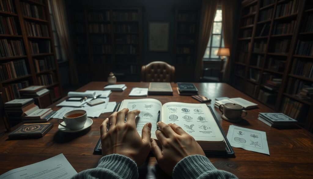 A dimly lit study with a large wooden desk, where an open dream journal lies amidst scattered papers and a cup of tea. The walls are lined with bookshelves, casting a warm, contemplative glow. In the foreground, a pair of hands carefully analyze a set of dream symbols, representing the interpretation techniques for flood-related dreams. The overall atmosphere evokes a sense of introspection and the pursuit of deeper self-understanding.