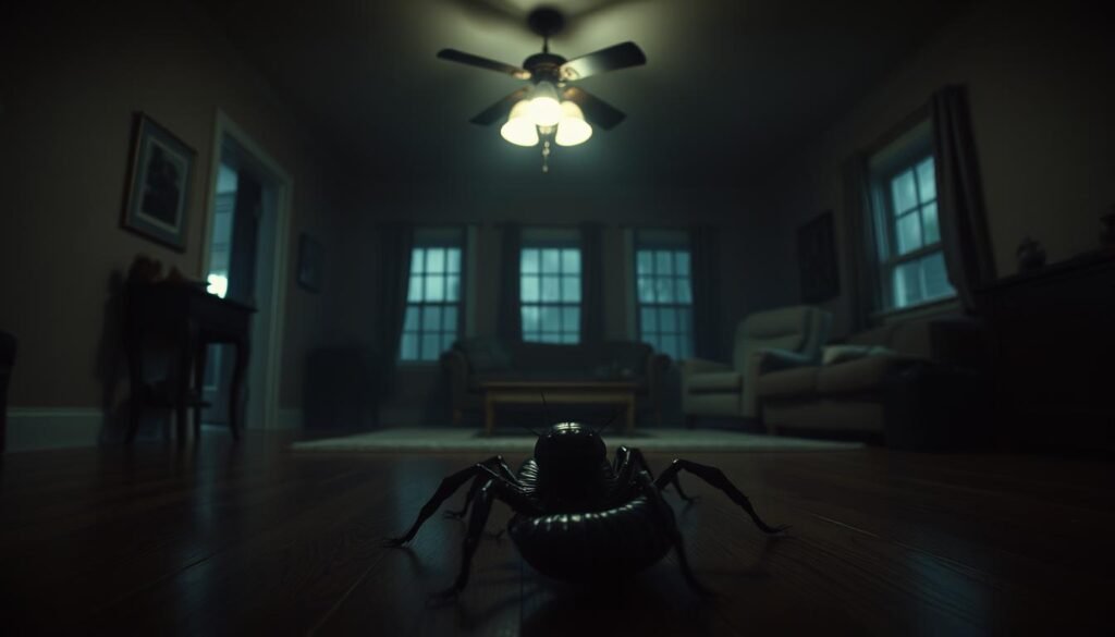 A dimly lit suburban living room, shadows dancing across the walls. In the foreground, a massive centipede emerges from the floorboards, its many legs scuttling across the hardwood. Overhead, a single light fixture casts an ominous glow, creating a sense of unease and dread. The centipede's beady eyes fixate on the viewer, its antennae twitching, as if sensing a disturbance in its territory. The middle ground is hazy, with furniture and other household objects appearing distorted, as if viewed through a dream-like filter. In the background, the windows are shrouded in darkness, hinting at the larger unknown beyond the confines of the home. The atmosphere is one of unsettling tension, where the boundaries between the waking world and the subconscious have blurred.