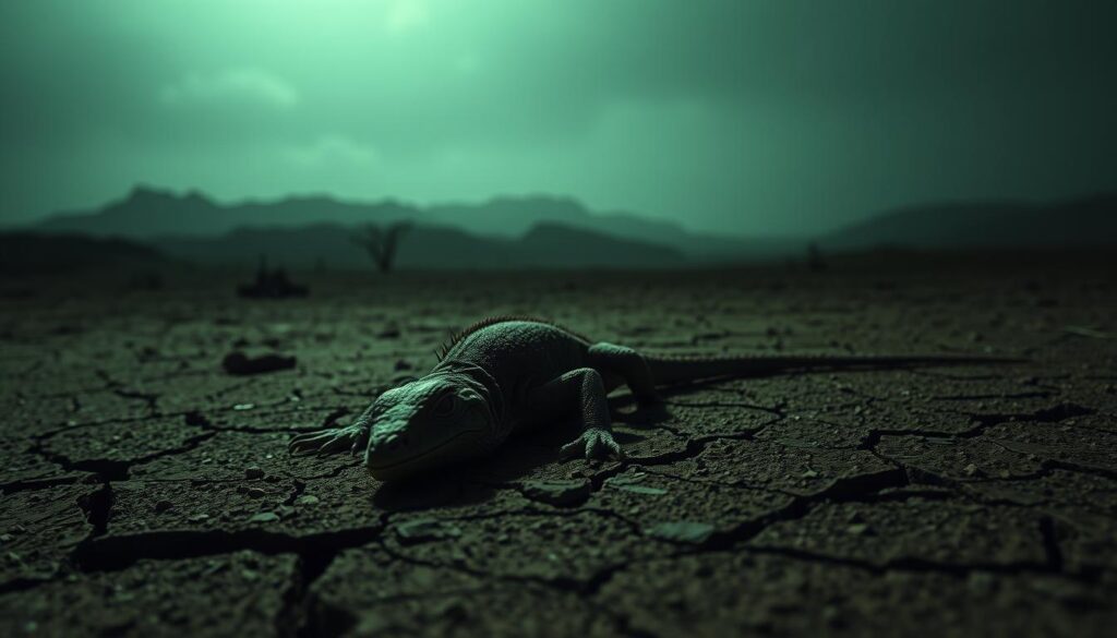 A dimly lit, surreal dreamscape. In the foreground, a lifeless, desiccated lizard lies on a cracked, arid ground, its eyes closed and body twisted in a final, eerie pose. Shadows flicker across its form, evoking a sense of unease and the passage of time. The middle ground is shrouded in a hazy, atmospheric mist, obscuring the details of the landscape. In the distance, a desolate, barren horizon, tinged with an otherworldly glow, suggests a realm beyond the physical. Soft, muted tones with hints of desaturated greens and browns create a somber, melancholic mood. A low-angle perspective draws the viewer into the unsettling, dreamlike scene.