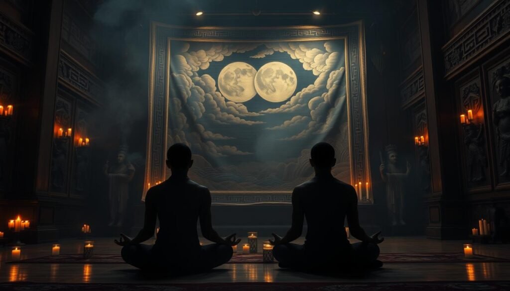A dimly lit temple interior, illuminated by flickering candles and incense smoke. In the foreground, two identical figures sit cross-legged, their faces obscured in deep meditation. Behind them, a large tapestry depicts a dreamscape with swirling clouds and twin moons. Intricate carvings line the temple walls, depicting various cultural interpretations of twin dreams - from symbols of duality and balance to omens of transformation. The atmosphere is mystical, serene, inviting the viewer to ponder the deeper spiritual meanings of these dual visions.