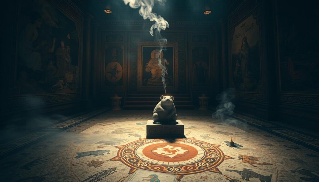 A dimly lit temple interior, with an intricate mosaic floor depicting various cultural symbols of rats. In the foreground, a carved stone statue of a rat sits atop an altar, its eyes glowing with an ethereal light. Wisps of incense drift through the air, creating an atmosphere of mysticism and ancient wisdom. The walls are adorned with elaborate murals, showcasing the diverse interpretations of rat symbolism across different belief systems. Soft, directional lighting casts dramatic shadows, highlighting the rich textures and details of the scene. The overall composition conveys a sense of reverence and the deep, symbolic significance of the rat in cultural dream interpretation.