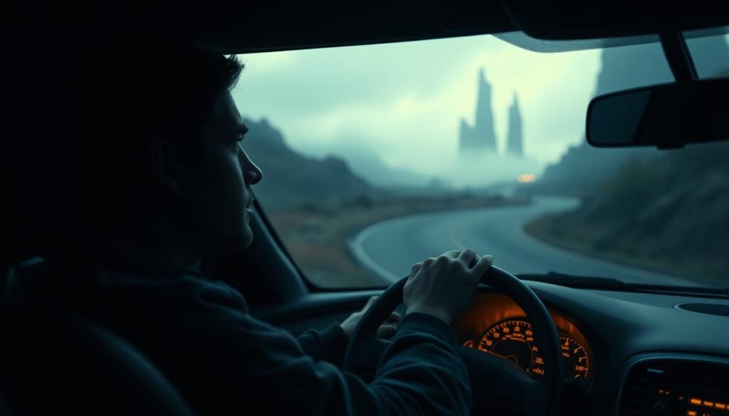 A dimly lit, winding road winds through a dreamlike, ethereal landscape. The driver, lost in thought, peers through the windshield, uncertainty etched on their face. Soft, diffused light filters through the mist, creating an atmosphere of disorientation and mystery. In the distance, towering, abstract shapes loom, their forms indistinct, hinting at a world beyond the confines of the vehicle. The car's interior is bathed in a warm, golden glow, the dashboard instruments casting a faint, calming light. The steering wheel is grasped tightly, symbolizing the driver's struggle for control in this surreal, ever-shifting environment. The scene evokes a sense of being adrift, disconnected from the familiar, and the driver's inner journey to find their way.