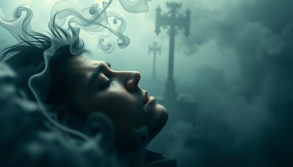 A distressed individual, eyes closed, wracked with anguish, rests amidst a hazy, dreamlike landscape. In the foreground, wispy, ethereal tendrils emanate from their subconscious, representing the lingering trauma manifesting in nightmarish visions. The middle ground depicts a muted, monochromatic cityscape, hinting at the individual's past experiences and the weight of unresolved pain. The background dissolves into a swirling, abstract miasma, symbolizing the overwhelming, all-encompassing nature of PTSD. Soft, diffused lighting casts a somber, melancholic tone, while a tight, close-up angle emphasizes the subject's internal turmoil. The image conveys the devastating impact of past trauma on the human psyche and the arduous journey towards healing and recovery.