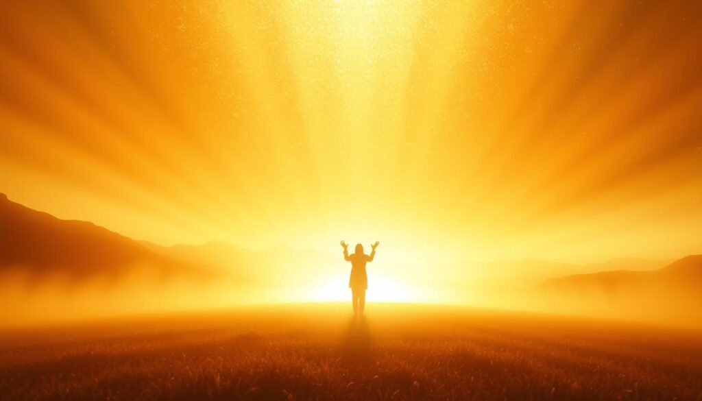 A divine, ethereal landscape bathed in a warm, golden glow. In the foreground, a shimmering ethereal barrier, a protective shield of holy light, warding off unseen forces. Rays of celestial energy radiate outward, casting a serene, sanctified atmosphere. In the middle ground, a lone figure stands resolute, hands raised in supplication, their form encased in an aura of divine grace. The background reveals a vast, infinite expanse, hinting at the boundless nature of this spiritual safeguarding. Soft, diffused lighting imbues the scene with a profound sense of tranquility and sacred protection.