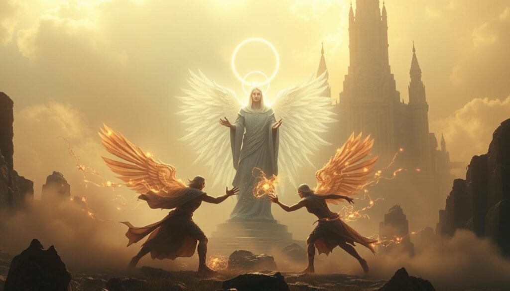 A divine figure enveloped in a halo of celestial light, standing amidst a surreal, dreamlike landscape. In the foreground, two ethereal warriors engage in a spiritual battle, their forms blending with swirling mists and pulsing energy fields. The background depicts a towering, otherworldly structure, its architecture infused with ancient, mystical symbols. The scene is bathed in a warm, golden glow, evoking a sense of profound purpose and the guiding hand of a higher power. Soft, diffused lighting casts dramatic shadows, heightening the sense of depth and drama. The composition is balanced, with the divine figure commanding the center, the battling warriors in the middle ground, and the mysterious structure anchoring the background.