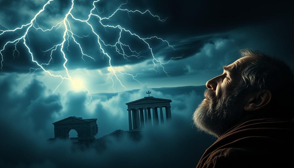 A divine storm rages in the night sky, its electric tendrils illuminating a figure surrounded by swirling mist. In the foreground, the weathered face of a prophet turns skyward, eyes closed in deep contemplation. Ethereal light bathes the scene, casting dramatic shadows that convey a sense of spiritual urgency. In the middle ground, a crumbling edifice stands as a symbol of the divine's judgment, while in the background, a distant horizon hints at the promise of renewal. The overall atmosphere is one of awe-inspiring power and mystical revelation, capturing the essence of the divine's communication through the forces of nature.
