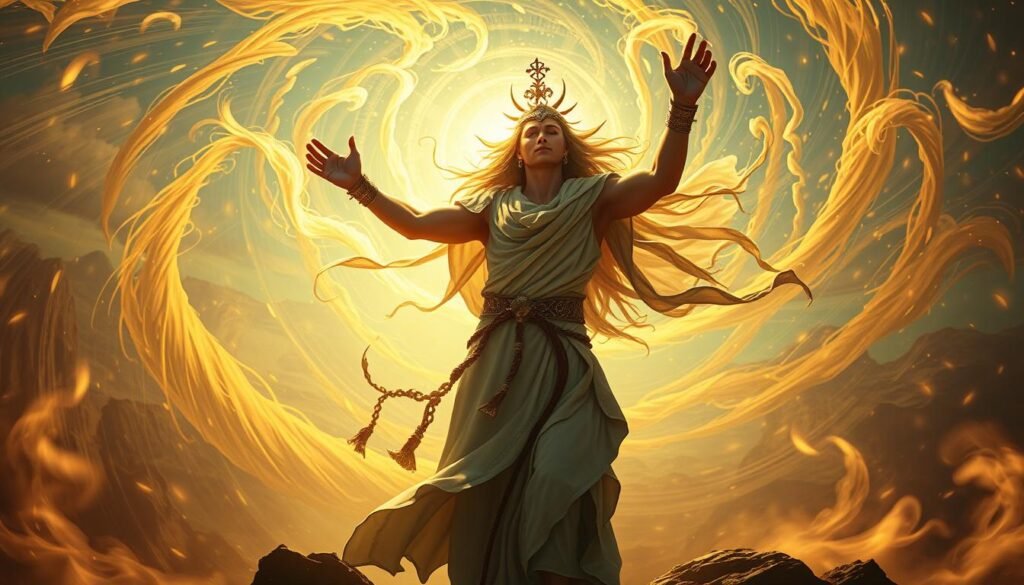 A divine warrior, triumphant, stands amidst a swirling vortex of ethereal energy. Golden light bathes the scene, casting a reverent glow upon the figure's serene, yet powerful expression. Wispy tendrils of mist curl around the warrior, symbolizing the breaking of spiritual strongholds. In the background, a vast, kaleidoscopic landscape unfolds, hinting at the transcendent nature of this spiritual transformation. The composition is balanced, with the warrior's stance radiating a sense of inner peace and resolute determination. Dramatic shadows and highlights accentuate the subject's mystical aura, inviting the viewer to contemplate the deeper meaning of this dreamlike victory.