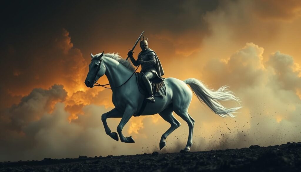 A dramatic and ominous white horse galloping against a fiery, apocalyptic sky. The rider adorned in regal armor, brandishing a sword, symbolizing conquest, war, and the end times foretold in the biblical Book of Revelation. Clouds of smoke and ash swirl in the background, casting an eerie, foreboding atmosphere. The scene is illuminated by a dusky, ethereal light, casting long shadows and emphasizing the horse's powerful, muscular form. The overall composition conveys a sense of divine judgment, with the white horse and its rider as harbingers of the impending apocalypse.