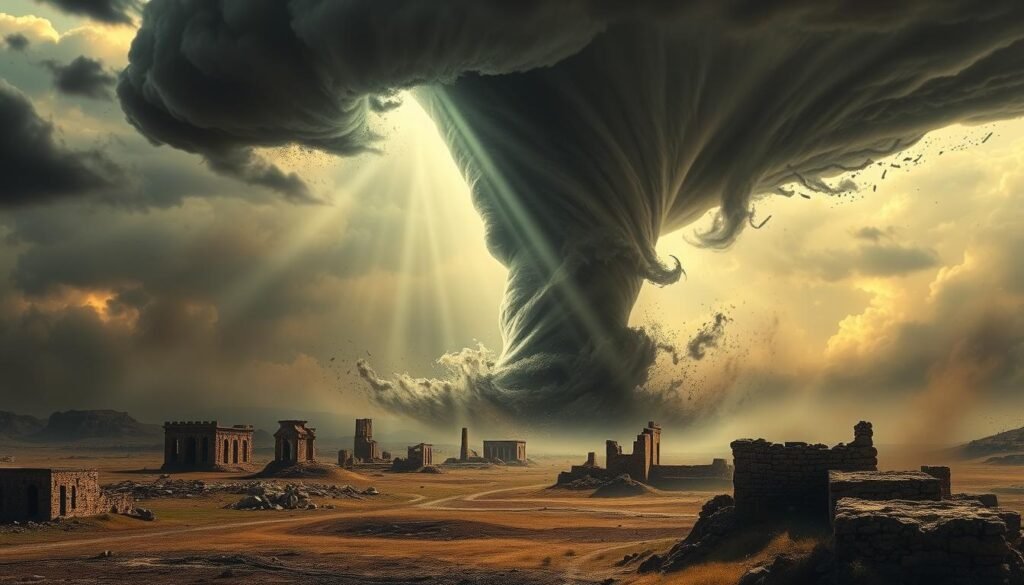A dramatic, apocalyptic scene of a divine tornado sweeping across a rugged, biblical landscape. In the foreground, a towering, swirling funnel of wind and debris, charged with an otherworldly energy, dominates the frame. Beams of celestial light pierce through the ominous clouds, casting an ethereal glow over the scene. In the middle ground, ancient ruins and crumbling structures bear witness to the might of this celestial phenomenon. The background is shrouded in an eerie, foreboding atmosphere, hinting at the deeper spiritual significance of this divine whirlwind. The composition evokes a sense of awe, power, and the inscrutable purposes of the divine.
