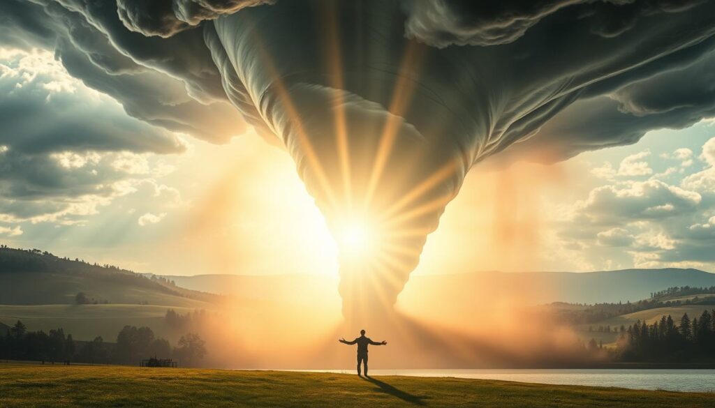 A dramatic, awe-inspiring tornado sweeps across a serene, sun-dappled landscape, shrouded in a mystical, ethereal glow. In the foreground, rays of divine light pierce through the swirling vortex, casting a protective, sheltering presence over the scene. The tornado's core radiates an intense, otherworldly energy, conveying a sense of divine power and divine intervention. In the middleground, a lone figure stands calmly, arms outstretched, basking in the tornado's sacred embrace, symbolizing the spiritual meaning of tornadoes in dreams - protection, guidance, and a connection to a higher power. The background features rolling hills, lush forests, and a tranquil, reflective lake, creating a harmonious, contemplative atmosphere.