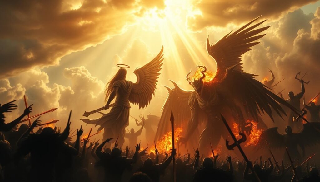 A dramatic biblical prophetic dream scene unfolds, with warrior angels locked in fierce combat against demonic forces. In the foreground, a towering archangel wielding a flaming sword clashes with a monstrous hellish entity, their battle raging with divine light and ominous shadows. In the middle ground, legions of celestial guardians and shadowy demonic hordes clash, their ethereal forms flickering with mystical energy. In the distant background, a tempestuous sky roils with ominous clouds and cascading beams of heavenly power, setting the stage for this epic spiritual warfare. Cinematic lighting and an ominous, foreboding atmosphere heighten the prophetic vision's sense of divine reckoning.