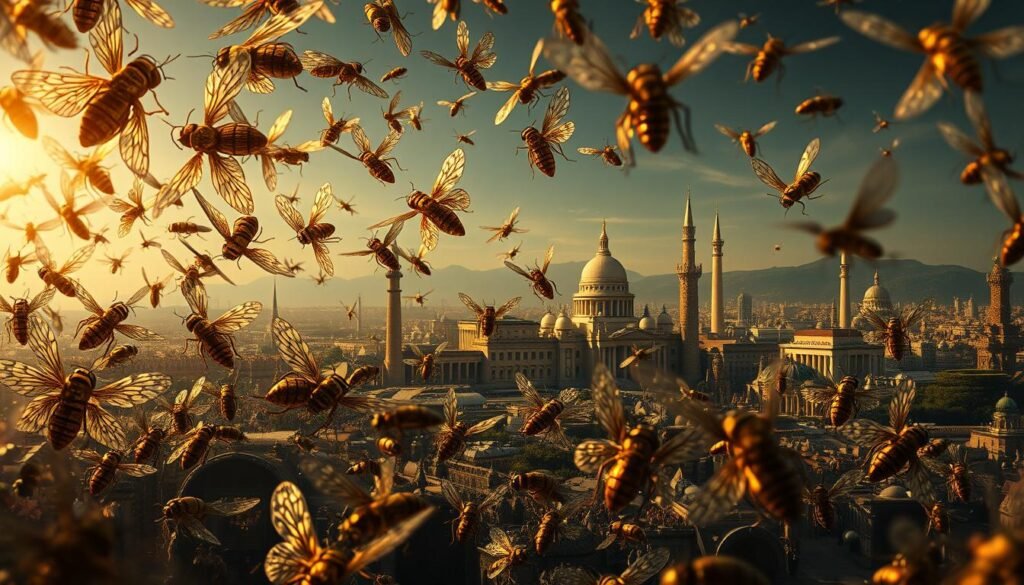 A dramatic, cinematic representation of "Historical Fly Symbolism Across Cultures". In the foreground, a swarm of intricate, ornately-detailed flies in varying shades of gold, bronze, and copper, evoocating ancient Egyptian and Mesopotamian iconography. In the middle ground, a series of allegorical vignettes depicting the symbolic significance of flies in different historical and cultural contexts - from Greek and Roman mythology to medieval religious art to modern shamanic practices. In the background, a sweeping panorama of iconic architectural and natural landmarks from around the world, hinting at the universal, cross-cultural nature of fly symbolism. Dramatic chiaroscuro lighting, creating a sense of mysticism and timelessness. Lens flares and depth of field blur to enhance the dreamlike, visionary quality.