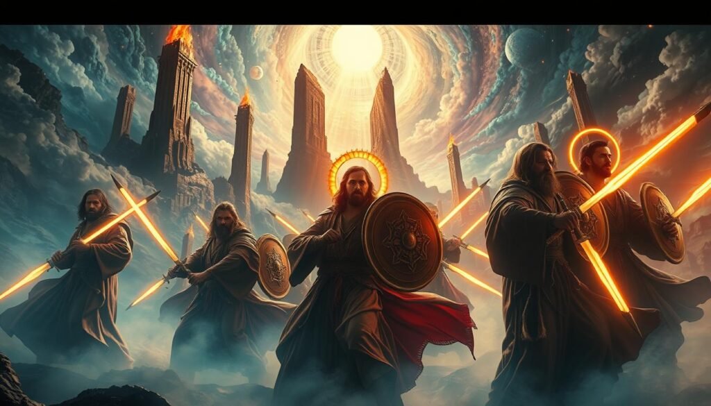 A dramatic, cinematic scene of biblical dream warriors, their prophetic visions manifesting in vivid, ethereal detail. In the foreground, haloed figures in flowing robes wielding glowing swords and shields, their expressions intense as they face off against unseen foes. Behind them, a swirling, kaleidoscopic backdrop of surreal, otherworldly landscapes - towering pillars of fire, celestial bodies, and shifting, prismatic clouds. Dramatic chiaroscuro lighting casts dramatic shadows, imbuing the scene with a sense of mysticism and spiritual grandeur. Captured with a wide-angle lens to convey a sense of epic scale and cosmic significance, the image exudes a feeling of divine, prophetic revelation.