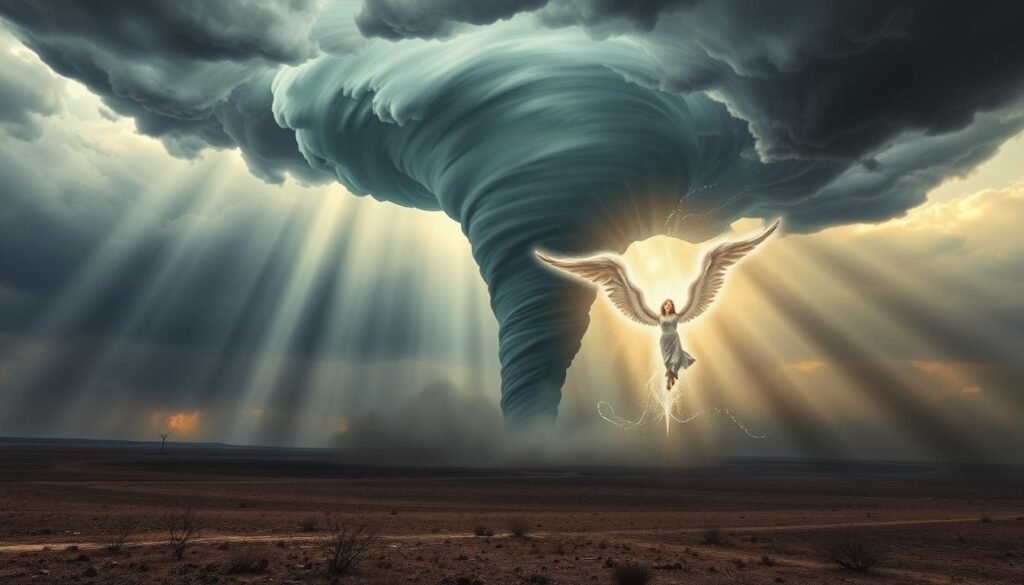 A dramatic, ethereal scene depicting a Biblical dream interpretation of tornado symbolism. In the foreground, a majestic tornado swirls, its funnel shape twisting and churning with spiritual energy. Amidst the storm, angelic figures emerge, their faces and forms obscured by the swirling winds. The middle ground features a desolate, barren landscape, hinting at the chaos and upheaval that tornadoes can bring. In the background, a luminous, stormy sky with shafts of divine light piercing through the clouds, suggesting the divine significance and prophetic nature of this vision. An atmosphere of awe, wonder, and profound spiritual significance permeates the scene.