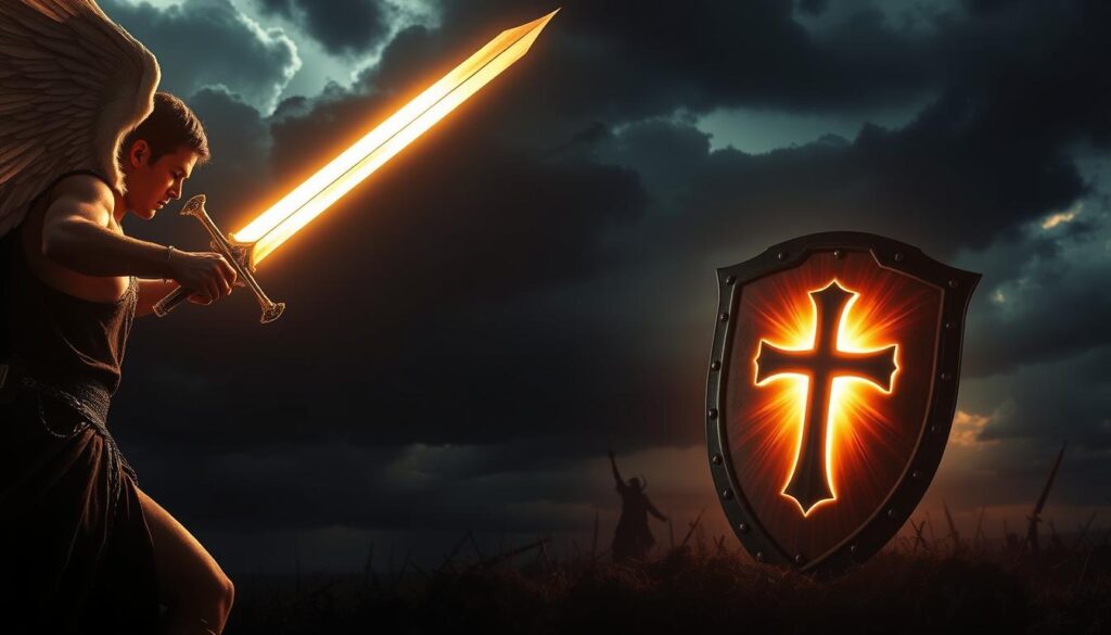 A dramatic, high-contrast scene depicting the biblical symbolism of spiritual warfare weapons. In the foreground, a celestial warrior wielding a gleaming sword, its blade emanating a divine light. In the middle ground, a shield emblazoned with a cross, radiating an ethereal glow. In the background, a shadowy battlefield with storm clouds gathering, hinting at the unseen cosmic conflict. Dramatic chiaroscuro lighting casts dynamic shadows, heightening the sense of spiritual power. The scene conveys the gravity and intensity of the biblical struggle between good and evil, light and darkness.