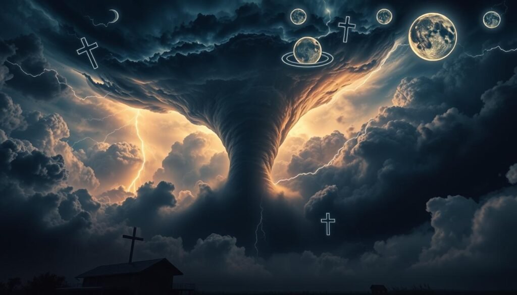A dramatic night sky filled with swirling clouds and divine symbols. In the foreground, a towering tornado descends from heavenly currents, its ominous form casting long shadows across the landscape. Bursts of lightning illuminate the turbulent atmosphere, as if the very elements are expressing a message from above. In the background, biblical iconography such as crosses, haloes, and celestial bodies hover amidst the storm, hinting at a deeper spiritual significance. The scene is lit by a combination of natural and supernatural light, creating a surreal, chiaroscuro effect that conveys a sense of foreboding and divine revelation. The overall tone is one of awe-inspiring power and mystical portent.
