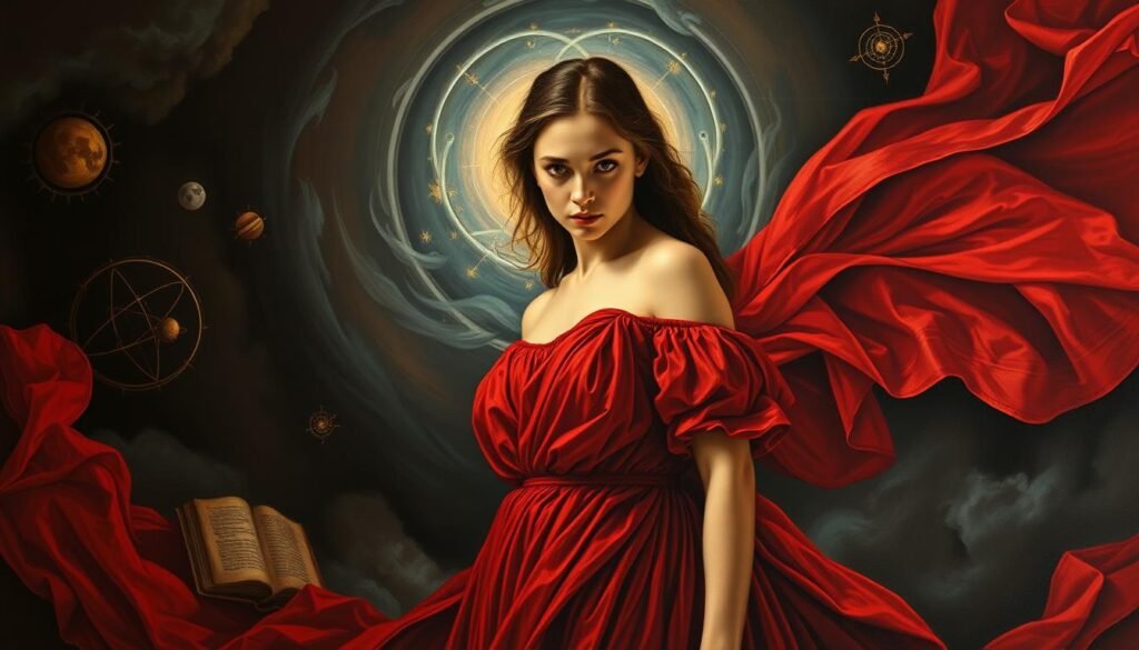 A dramatic oil painting depicting a historical dream interpretation of a woman in a flowing, crimson red dress. The foreground features the central figure, her gaze intense and piercing, standing against a swirling ethereal backdrop. Dramatic chiaroscuro lighting illuminates her face and the rich, textured fabric of the dress, conveying a sense of mystery and divine power. The middle ground showcases symbolic elements such as celestial bodies, ancient texts, and mystical sigils, hinting at the prophetic nature of her vision. The background is shrouded in deep, moody shadows, creating an aura of the supernatural and the unknown. The overall composition and style evoke the atmosphere of Renaissance-era visionary artwork, reflecting the historical significance of this interpretive dream.
