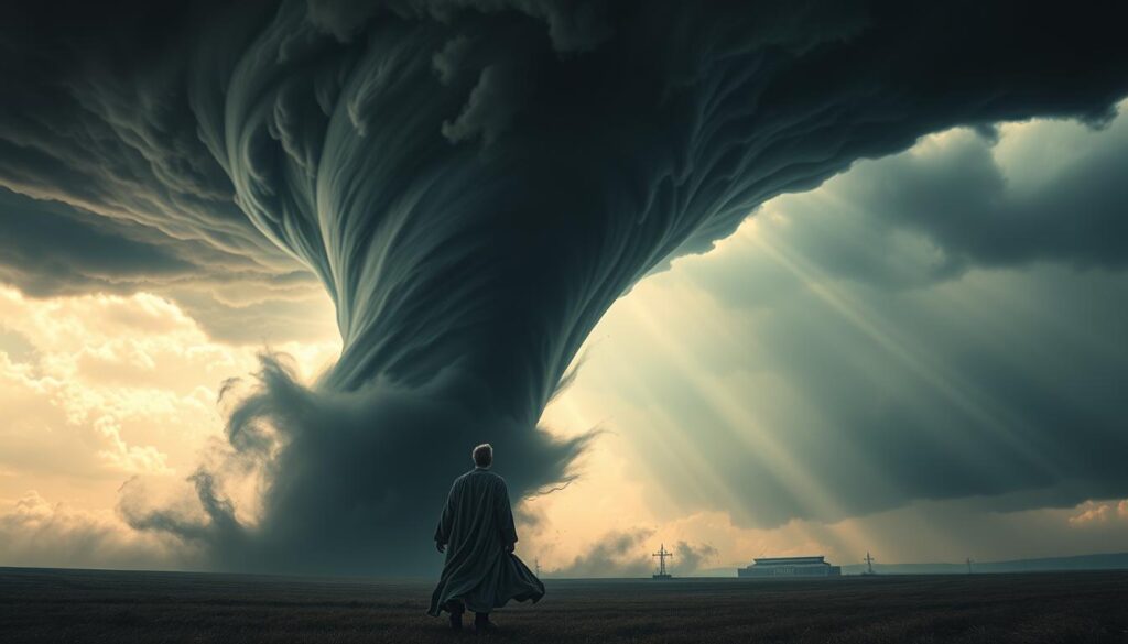 A dramatic, prophetic tornado sweeps across a vast, apocalyptic landscape, its swirling vortex a manifestation of divine power and authority. In the foreground, a lone figure stands in awe, their robes billowing in the tempestuous winds, conveying a sense of reverence and spiritual contemplation. The tornado's funnel towers above, its ominous presence casting a foreboding shadow over the scene. The sky is turbulent, with dark, ominous clouds and shafts of light piercing through, creating an atmosphere of mystery and the unveiling of profound truths. The composition is shot from a low angle, emphasizing the tornado's towering, awe-inspiring scale and the figure's insignificance in the face of such awesome, supernatural forces.