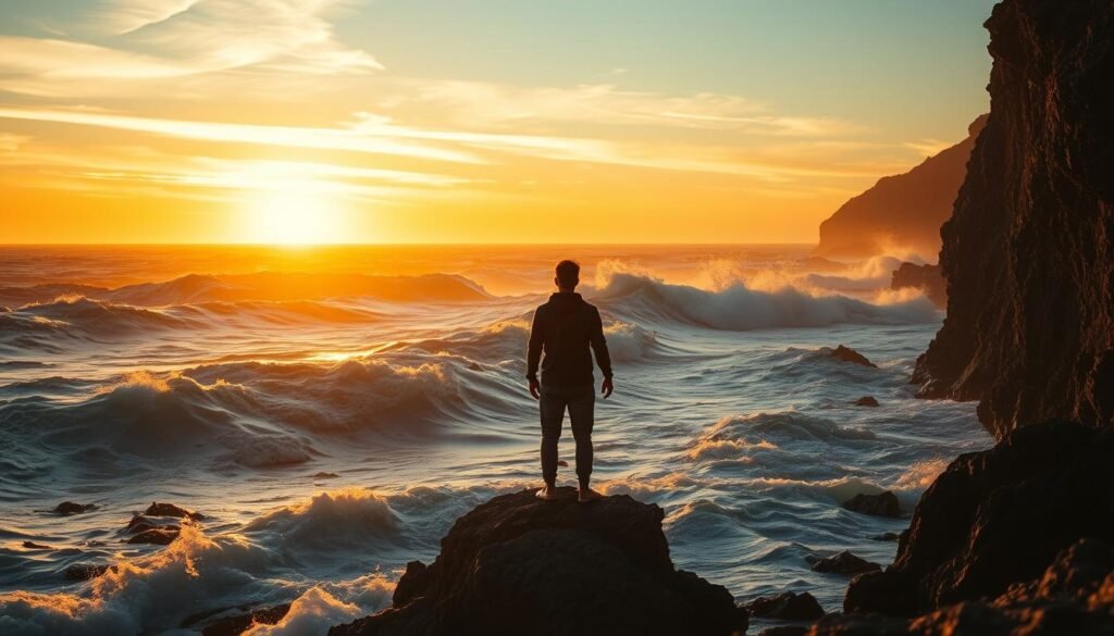 A dramatic seascape at sunset, the ocean's waves crashing against rocky cliffs. In the foreground, a solitary figure stands tall, their silhouette backlit by the warm glow of the setting sun. The choppy waters churn and swirl, mirroring the internal turmoil and transformation of the individual. Patterns of light and shadow dance across the surface, hinting at the depths of emotion and self-discovery that lie beneath. The composition is balanced, with the strong diagonal lines of the cliffs and horizon guiding the viewer's eye. The lighting is a soft, golden hue, creating a sense of tranquility and introspection. This image evokes the powerful forces of nature and the human experience, capturing the essence of tidal shifts in one's personal journey.