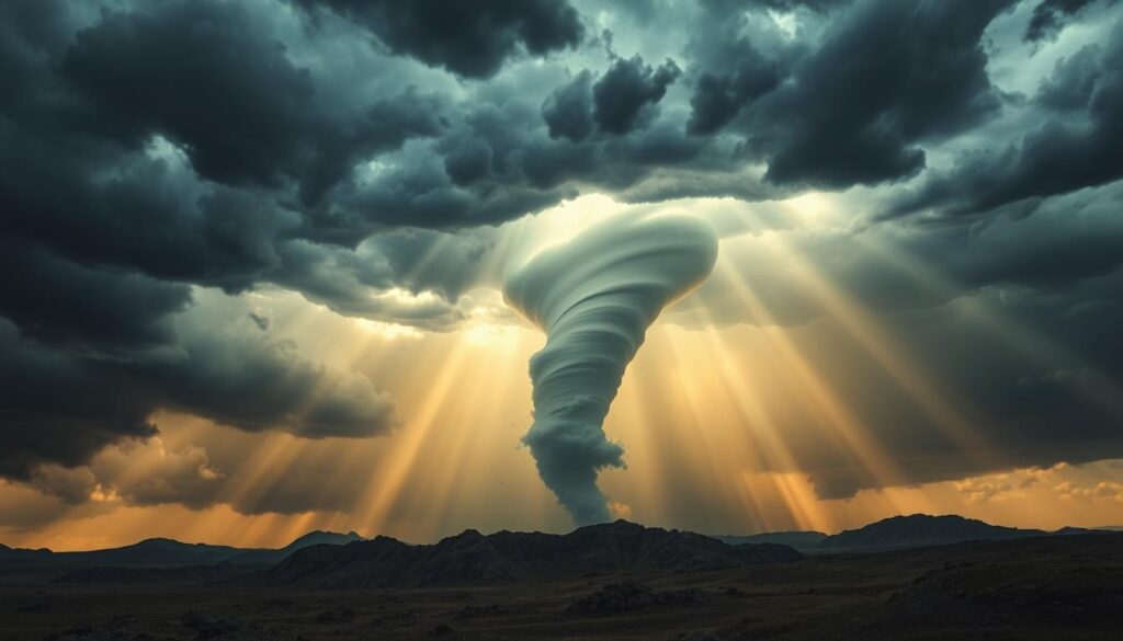 A dramatic, stormy sky with ominous dark clouds swirling in a biblical tornado formation. Rays of divine light pierce through the clouds, casting an ethereal glow over a rugged, windswept landscape. In the center, a towering, spiraling vortex of wind and rain, symbolizing the power and wrath of God. The scene evokes a sense of awe, reverence, and the humbling insignificance of humanity before the forces of nature and the divine. Capture this with a wide-angle lens, using dramatic lighting and cinematic cinematography to heighten the sense of scale and spiritual resonance.