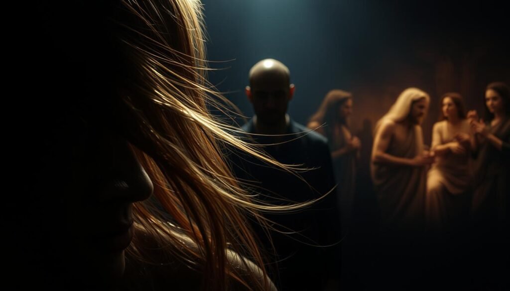 A dramatically lit, high-contrast scene depicting biblical hair symbolism in dreams. In the foreground, a close-up of a person's long, flowing hair, with hints of light and shadow playing across the strands, suggesting feminine mystique and divine power. In the middle ground, a shadowy figure with a shaved head, representing masculine strength and virtue. In the background, translucent, ethereal images of biblical figures, their hair a visual metaphor for their spiritual journeys. The whole composition has a moody, enigmatic atmosphere, inviting the viewer to ponder the deeper meanings of hair in the biblical tradition.