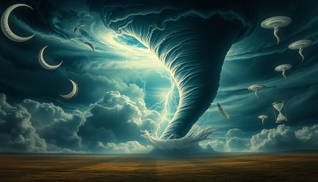 A dream landscape with multiple tornado symbols, evocative of spiritual transformation. In the foreground, a powerful tornado swirls, its funnel tapering into a central vortex. Around it, a scatter of iconic dream imagery - a crescent moon, a falling feather, a fragmented hourglass. The middle ground features swirling clouds and shimmering lightning, creating an atmosphere of turbulence and change. In the distance, a cluster of smaller tornadoes dance across the horizon, suggesting the multiplicity of forces at work. The lighting is dramatic, with deep shadows and highlights that convey the weight and intensity of the scene. The overall mood is one of impending transition, hinting at both chaos and renewal.