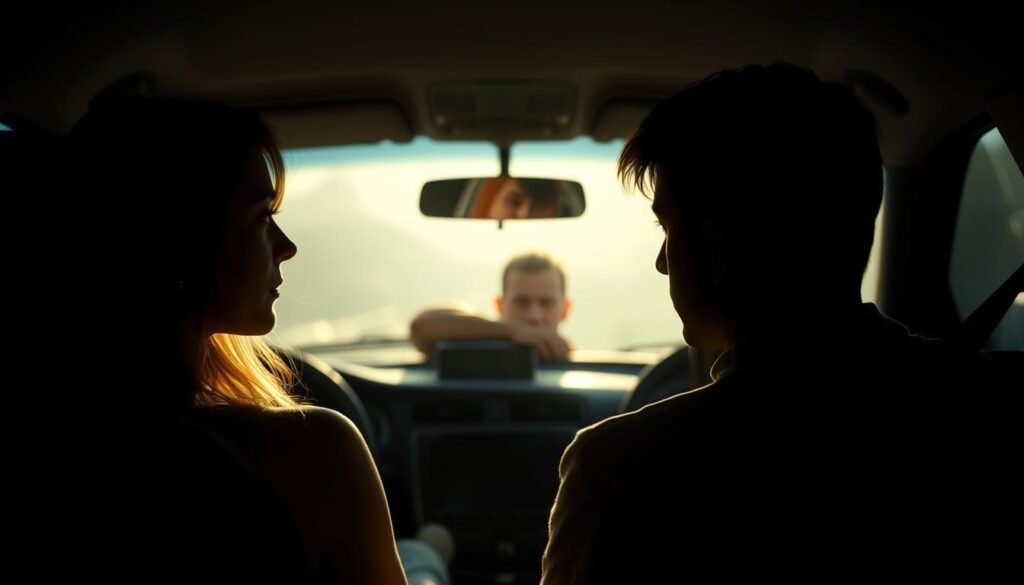 A dream-like passenger cabin, bathed in soft, ethereal light. In the foreground, the silhouettes of two passengers sit side by side, one with a serene, contemplative expression, the other seemingly lost in thought. Behind them, a third passenger's face is obscured, hinting at a hidden presence or influence. The car's interior is rendered in muted tones, with the dashboard and steering wheel suggesting a sense of navigation and control, yet the passengers appear detached, their focus inward. The scene evokes a sense of introspection, where the true driver may not be the one behind the wheel, but the unseen forces that guide our subconscious journeys.