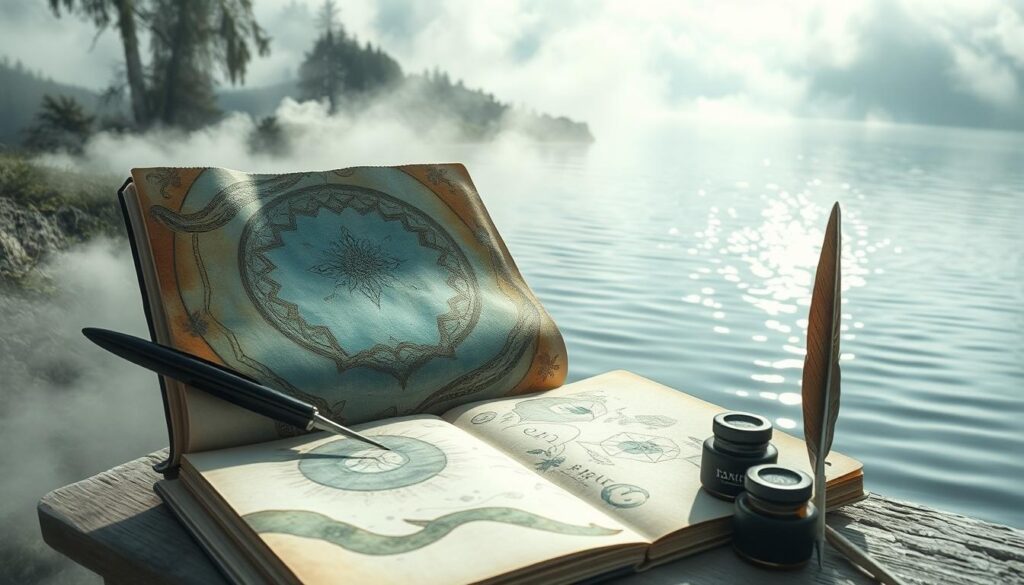 A dreamer's journal, its pages filled with flowing watercolor washes, unfurls against a mist-shrouded landscape. Sunlight filters through wisps of vapor, illuminating the intricate patterns and symbols that emerge from the subconscious. Quills and ink pots rest beside the journal, inviting the dreamer to transcribe their nocturnal visions. In the distance, a rippling lake reflects the dreamscape, its tranquil surface a mirror for the mind's eye. Soft, diffused lighting casts a contemplative mood, as the dreamer meditates on the significance of recurring water themes. A sense of wonder and discovery permeates the scene, guiding the observer towards a deeper understanding of the self.