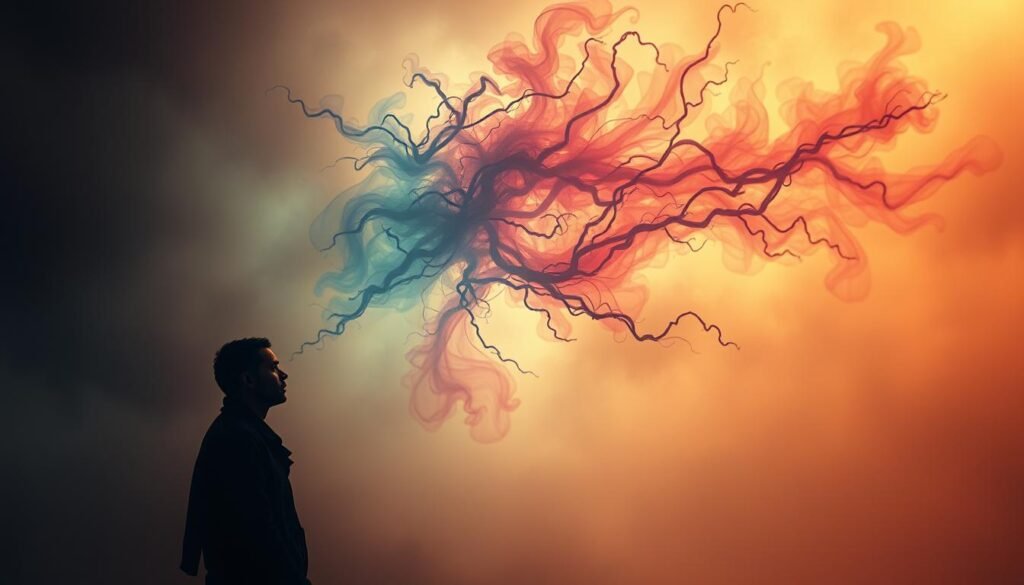 A dreamer's mind unfolds, a tapestry of emotions woven within the subconscious. In the foreground, a figure emerges, face obscured, expressing the intricate interplay of longing, regret, and unresolved feelings. Swirling mists of color envelop the scene, reflecting the turbulent inner landscape. Ethereal wisps of energy, like ghostly tendrils, emanate from the figure, symbolizing the processing of buried memories and the search for catharsis. The background fades into a hazy, dreamlike realm, blending reality and fantasy, a metaphysical space where the waking world and the dream state converge. Warm, diffused lighting casts a contemplative glow, inviting the viewer to step into this intimate moment of emotional exploration. Prompt