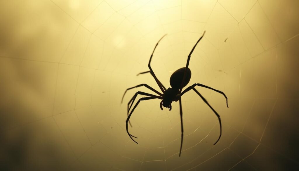 A dreamlike arachnid silhouette weaving intricate webs of symbolism against a misty, ethereal backdrop. Tendrils of mysticism and subconscious thoughts swirling in the foreground, as if beckoning the viewer to unravel the deeper meanings hidden within. Soft, warm lighting casts an otherworldly glow, creating an atmosphere of contemplation and self-reflection. Delicate spindly legs outstretched, the spider's haunting presence commands attention, inviting an exploration of its significance in the realm of dreams and the psyche.