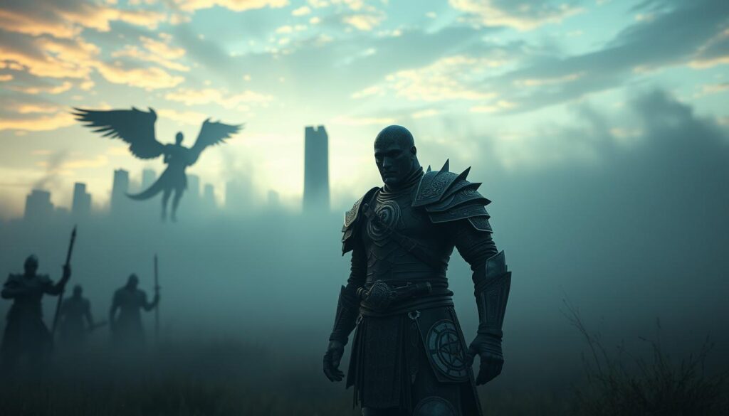 A dreamlike battlefield shrouded in mist, where symbolic figures emerge from the haze. In the foreground, a warrior stands resolute, their armor adorned with intricate arcane symbols. Behind them, spectral shapes coalesce - a winged creature, a towering monolith, a swirling vortex of energy. The sky above is a kaleidoscope of shifting colors, casting an eerie, otherworldly glow upon the scene. The composition is balanced, with the warrior's powerful presence anchoring the image, while the surreal elements in the background evoke the subconscious realm of dreams and their connection to the nature of conflict. Lighting is soft and atmospheric, creating a sense of mystery and introspection. The overall tone is one of contemplation, inviting the viewer to ponder the deeper symbolism underlying the imagery.