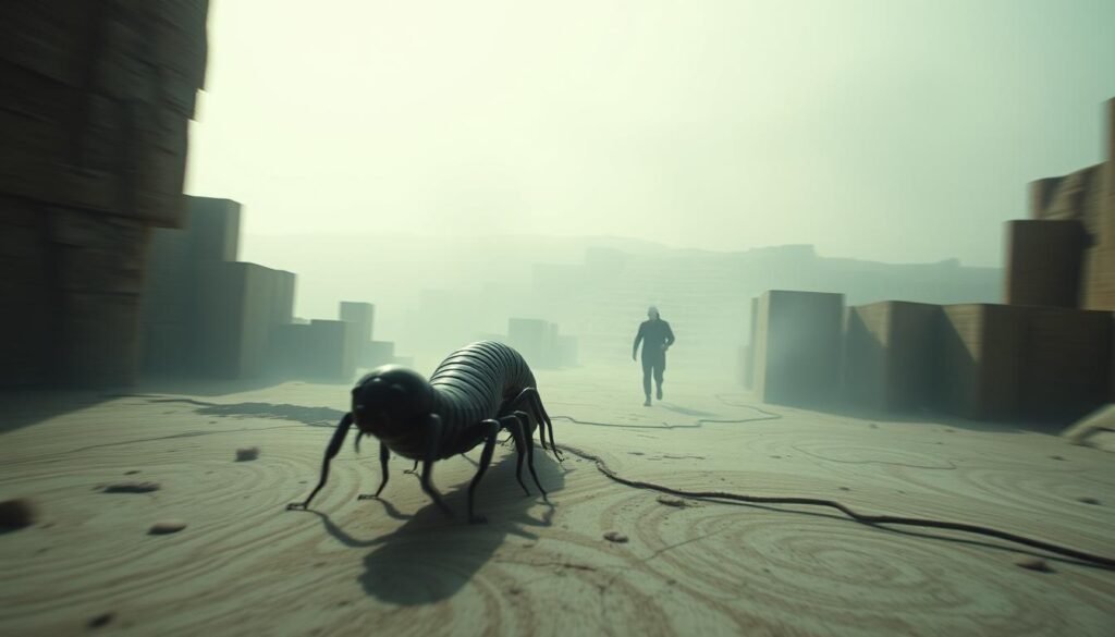 A dreamlike chase through a surreal landscape, as a large centipede pursues its prey. In the foreground, the centipede's segmented body twists and turns, its many legs propelling it forward with unnatural speed. The middle ground reveals a distorted, fragmented environment, where walls and floors ripple and warp, creating a sense of disorientation. Hazy, ethereal lighting casts an eerie, atmospheric glow, while muted colors and soft focus enhance the dreamlike quality. In the background, the horizon blurs into an indistinct, ambiguous void, heightening the sense of unease and the unknown. This unsettling scene captures the essence of being chased by a centipede in a vivid dream.