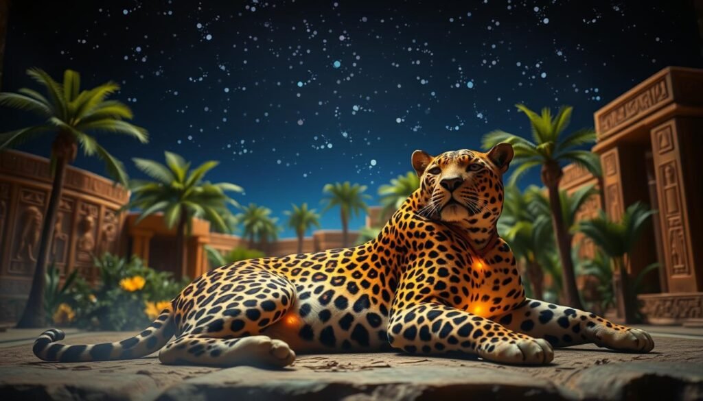 A dreamlike diorama of ancient Egyptian symbolism. In the foreground, a powerful leopard reclines, its spotted coat glowing with a warm, mystical light. Behind it, a lush, verdant oasis with palm trees and intricate hieroglyphic carvings on stone walls. The sky above is a deep, starry indigo, creating an ethereal, otherworldly atmosphere. The scene is bathed in a soft, diffused lighting, as if glimpsed through the veil of a lucid dream. Hints of gold and rich ochre tones evoke the grandeur of ancient Egyptian culture. The overall composition conveys a sense of sacred, timeless wisdom and the powerful connection between the natural world and the realm of dreams.