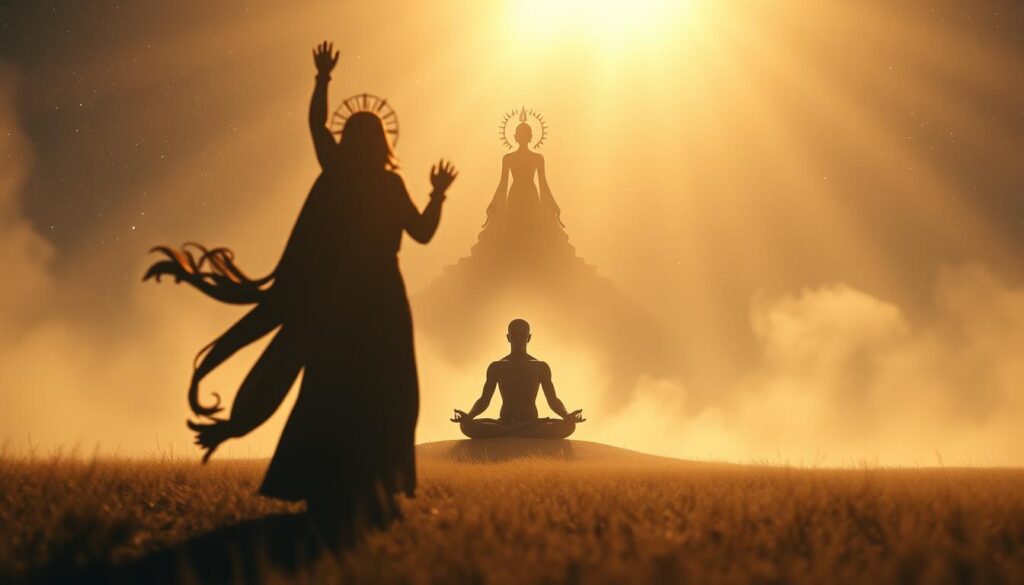 A dreamlike, ethereal landscape bathed in soft, warm lighting. In the foreground, a pair of shadowy figures - one triumphant, the other vanquished - engaged in a spiritual battle, their energies clashing in a swirling vortex of light and shadow. The middle ground features a meditative, lotus-seated figure, radiating an aura of calm and introspection, offering a glimpse into the deeper, symbolic meaning of this conflict. The background opens up to a vast, starry sky, hinting at the cosmic, universal significance of this inner struggle. Lens: wide-angle, shallow depth of field. Mood: contemplative, mystical, symbolic.