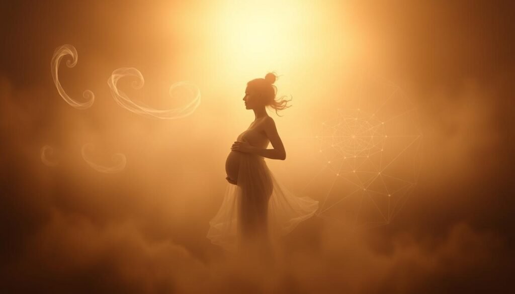 A dreamlike, ethereal scene depicting the intricate timing of a pregnancy dream. In the foreground, a pregnant figure hovers in a tranquil, meditative pose, their expression serene and contemplative. Surrounding them, swirling wisps of ghostly energy represent the subconscious elements that shape the experience. In the middle ground, a delicate web of interconnected lines and shapes suggests the intricate network of symbolism and significance that underlies the dream. The background features a soft, glowing gradient, lending an otherworldly ambiance and emphasizing the introspective, psychological nature of the scene. Warm, muted tones create a calming, introspective mood, inviting the viewer to ponder the deeper meaning behind pregnancy dreams and their role in self-discovery.