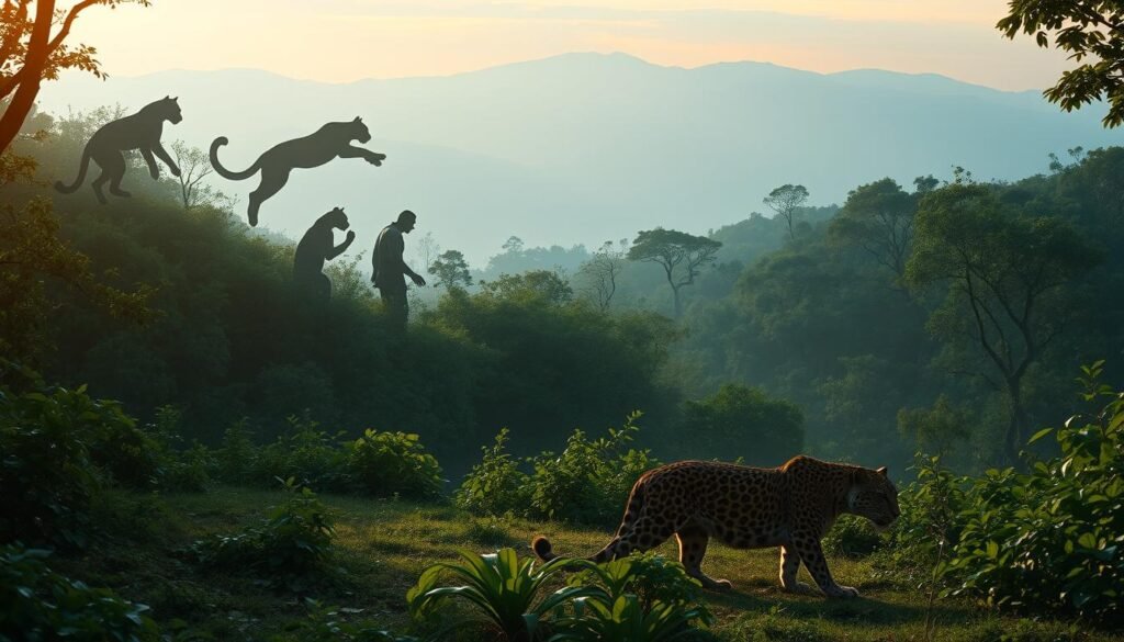 A dreamlike forest glade, the soft light of dusk casting a warm glow. In the foreground, a majestic leopard prowls, its spotted coat gleaming. Behind it, shadowy figures emerge, representing different dream scenarios - a leaping leopard, a leopard drinking from a pool, a leopard guarding its cubs. The middle ground is filled with lush, verdant foliage, creating a sense of depth and mystery. In the background, a distant mountain range fades into mist, suggesting the subconscious realm of the dream. The scene is infused with a sense of power, grace, and the hidden meanings within the dreamer's psyche.