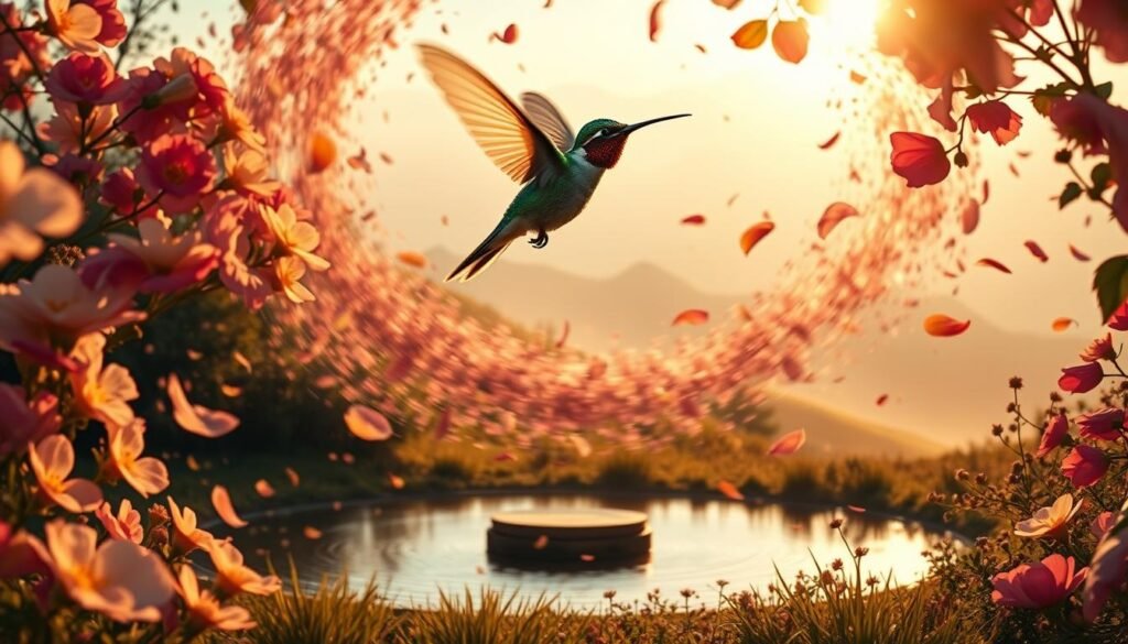 A dreamlike hummingbird hovers amidst a swirling vortex of colorful flowers, petals dancing in the air. Warm, soft lighting illuminates the scene, casting a serene, spiritual atmosphere. The hummingbird's wings are a blur, its iridescent feathers shimmering. In the middle ground, a tranquil pond reflects the scene above. In the background, an ethereal, mystical landscape unfolds, with distant mountains shrouded in mist. This image evokes a sense of joy, wonder, and the feeling of a profound, divine connection with nature.