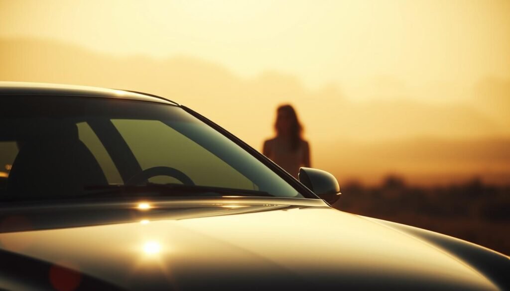 A dreamlike interpretation of a car's condition, capturing the essence of the subconscious. In the foreground, a gleaming, well-maintained vehicle symbolizing control and stability. Soft, warm lighting bathes the scene, creating an ethereal atmosphere. The middle ground features a partially obscured figure, suggesting the driver's presence or the dreamer's own perception of self. The background fades into a hazy, abstract landscape, representing the subconscious mind. Lens flares and subtle depth of field blur the boundaries between reality and fantasy, inviting the viewer to ponder the meaning behind the car's condition and its relationship to the dreamer's psyche.