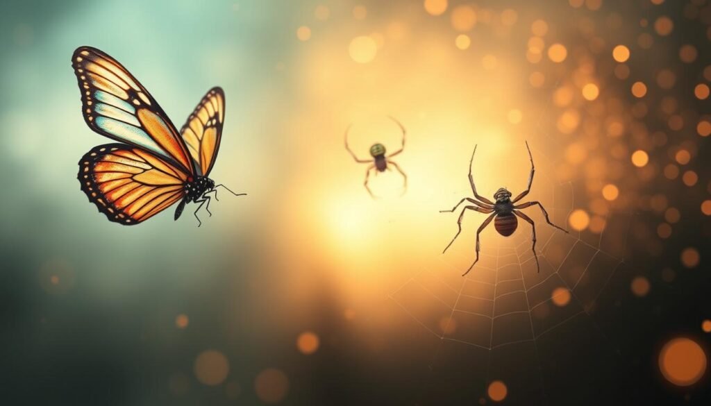A dreamlike interpretation of different insect symbols against a surreal, ethereal backdrop. In the foreground, a vibrant butterfly with delicate, iridescent wings takes flight, symbolizing transformation and rebirth. In the middle ground, a wise, pensive spider weaves its intricate web, representing the interconnectedness of life. In the hazy background, a swarm of fireflies casts a warm, mesmerizing glow, evoking the mysteries of the subconscious. Soft, diffused lighting creates an otherworldly, tranquil atmosphere, inviting the viewer to ponder the hidden meanings behind these insect dream symbols.