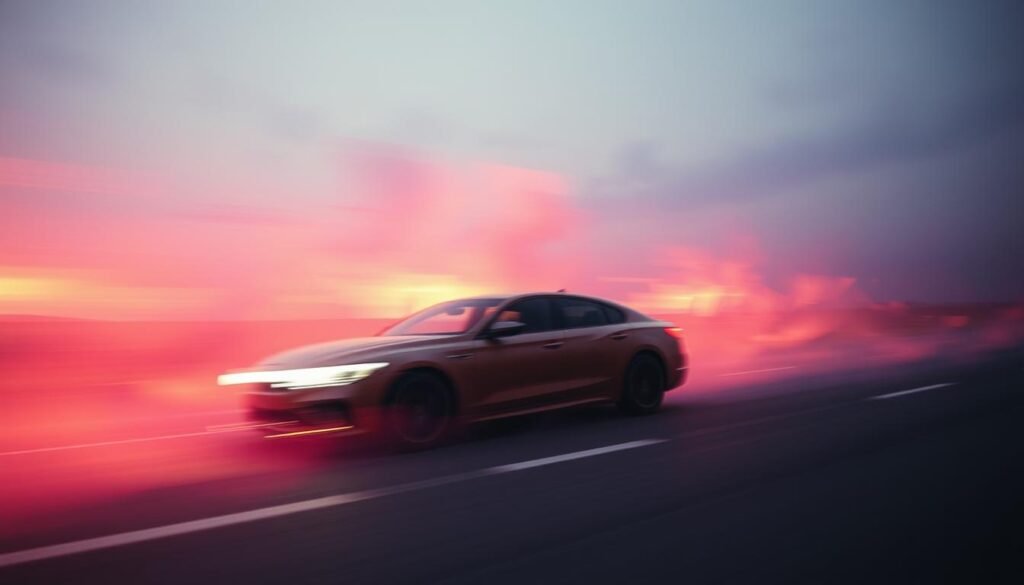 A dreamlike interpretation of driving speed, visualized in a surreal, impressionistic landscape. In the foreground, a blurred, ethereal car speeds through a hazy, vibrant environment, its trail of light and motion leaving a visceral, emotional imprint. The middle ground features abstract, swirling shapes and textures, evoking the sensation of acceleration and the subconscious mind. In the background, a subdued, atmospheric sky sets the stage, with muted tones and soft, diffused lighting creating a sense of introspection and the unknown. The overall mood is one of contemplation, exploring the deeper psychological implications of driving dreams and the sense of control, or lack thereof, they may represent.