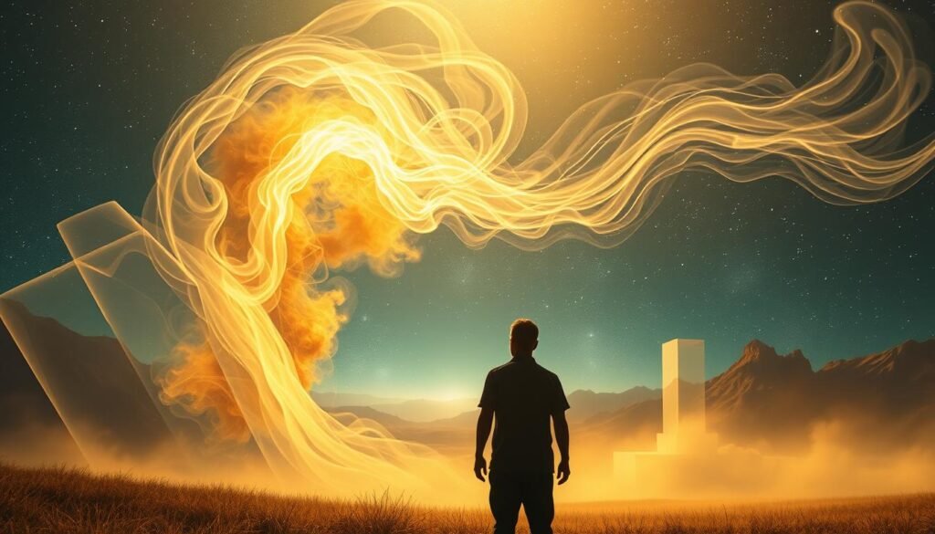 A dreamlike, introspective landscape where a person undergoes personal transformation through insights gleaned from their dreams. In the foreground, a figure stands in serene contemplation, surrounded by swirling ethereal wisps that represent the subconscious. The middle ground features abstract, geometric shapes and patterns, symbolizing the structural framework of the dreaming mind. The background is an expansive, starry night sky, implying the vastness and mystery of the human psyche. Soft, warm lighting casts a tranquil glow, and the overall composition evokes a sense of inner growth, self-discovery, and the profound power of the dreamworld.